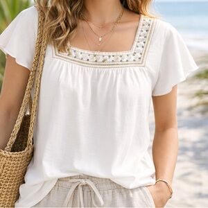 Embroidered Square Neck Cottagecore Peasant Top Soft Cotton Modal Boho Coastal L